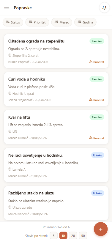 Lista popravki na telefonu sa statusima