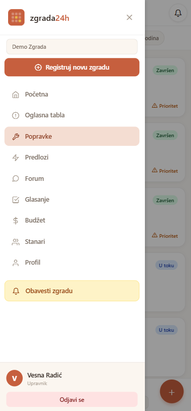 Meni aplikacije sa izborom zgrade i svim modulima