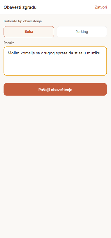 Obavesti zgradu: izbor tipa Buka i poruka