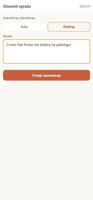 Obavesti zgradu: izbor tipa Parking i poruka